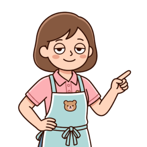 エプロンをつけた保育士が右手で指差し確認をしているかわいいイラスト。背景透過PNG。