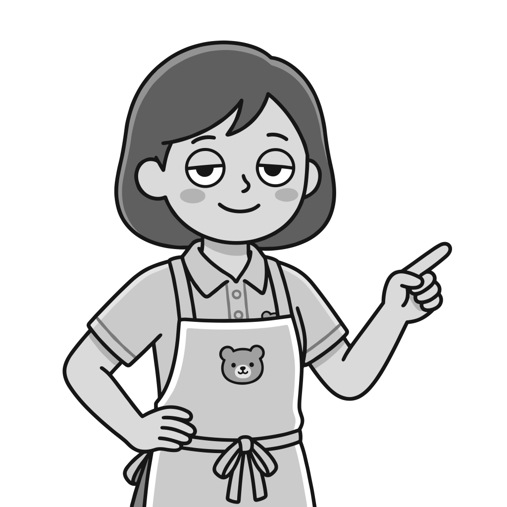 エプロンをつけた保育士が右手で指差し確認をしているかわいいモノクロイラスト。背景透過PNG。