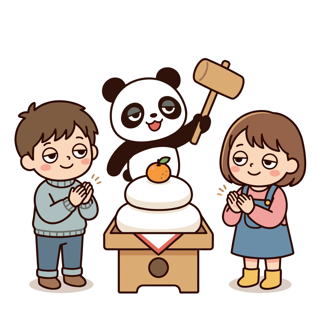 鏡開きをする男の子・女の子・パンダのかわいいイラスト。鏡餅と木槌。背景透過PNG。