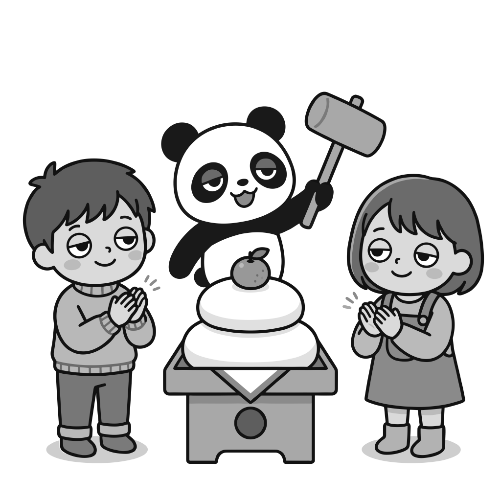鏡開きをする男の子・女の子・パンダのかわいいモノクロイラスト。背景透過PNG。