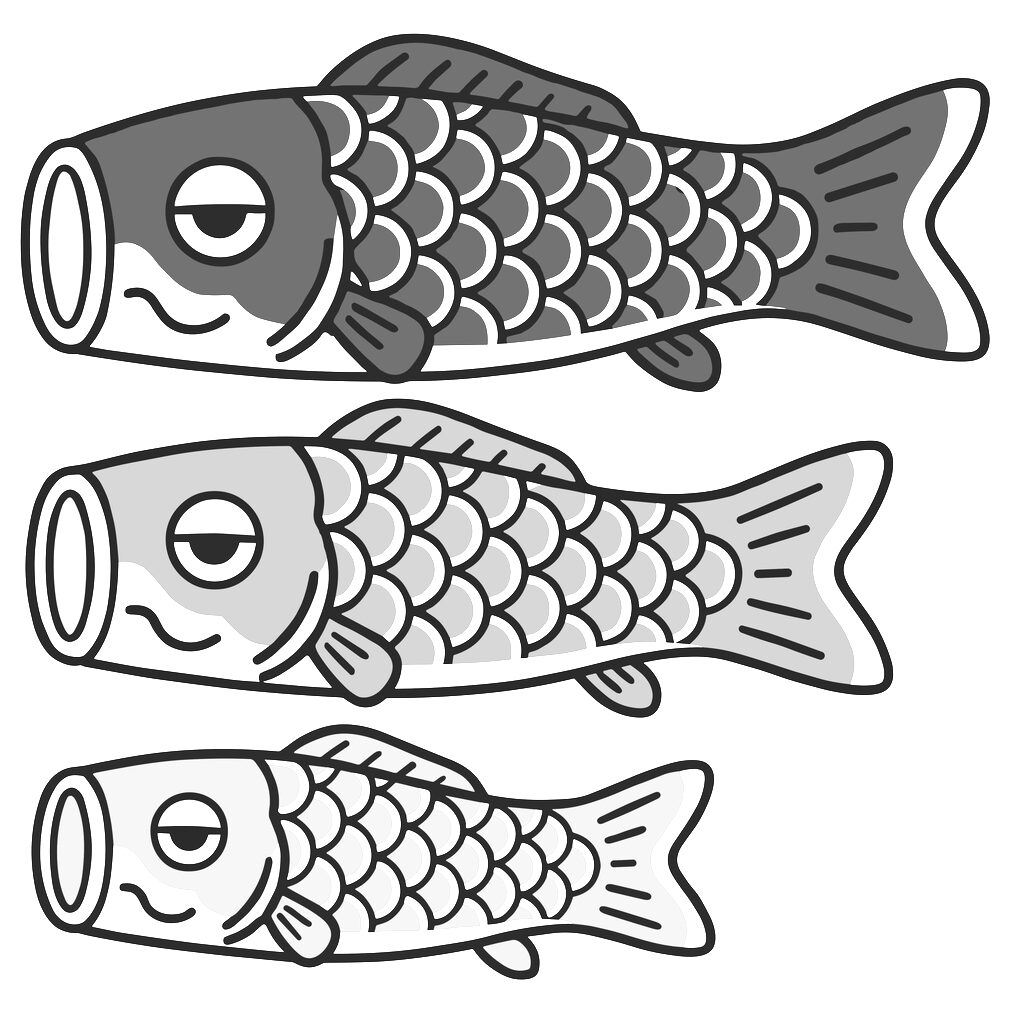 鯉のぼり3匹のイラスト（モノクロ）
