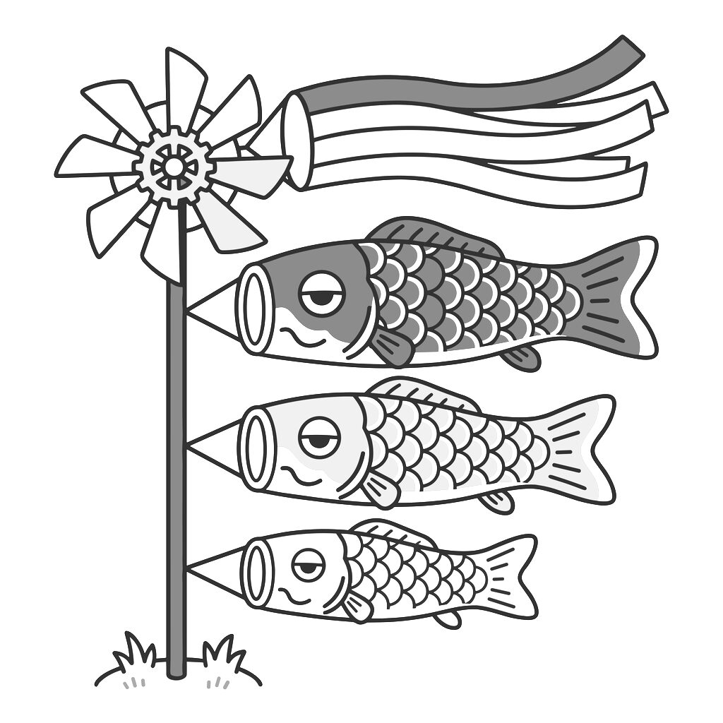 鯉のぼりのイラスト（モノクロ）