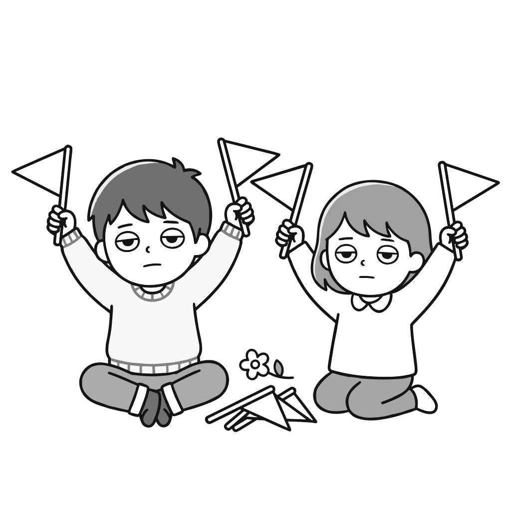 横断旗を持つ園児のイラスト（モノクロ）
