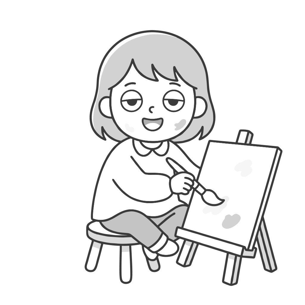 お絵かきをする女の子のイラスト（モノクロ）