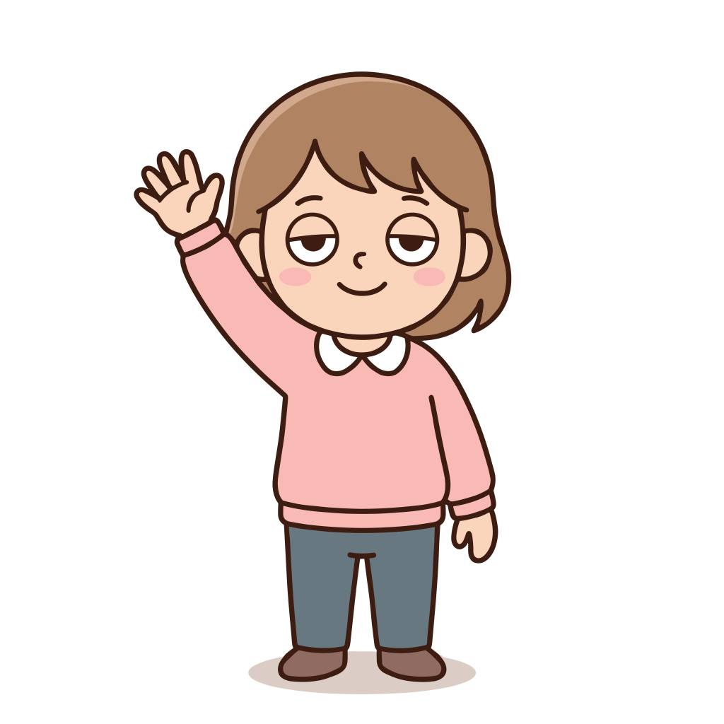 手を挙げてあいさつするかわいい女の子のイラスト。背景透過PNG。