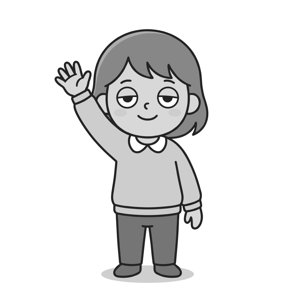手を挙げてあいさつするかわいい女の子のモノクロイラスト。背景透過PNG。
