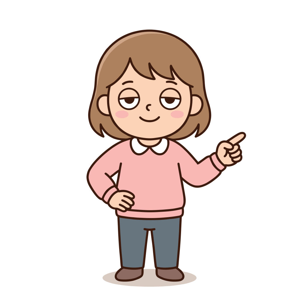 指差しをする女の子のかわいいイラスト。背景透過PNG。