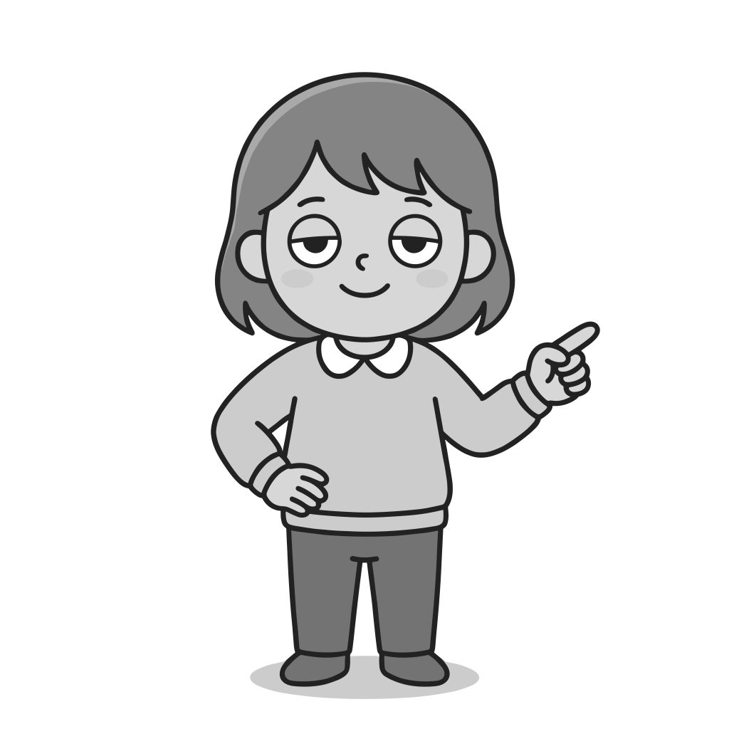 指差しをする女の子のかわいいモノクロイラスト。背景透過PNG。