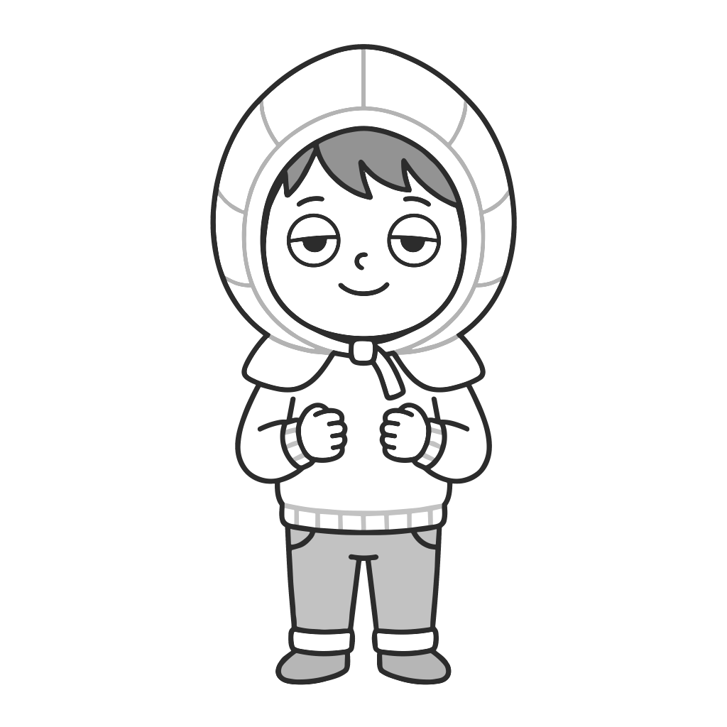 防災頭巾をかぶった男の子のイラスト（モノクロ）