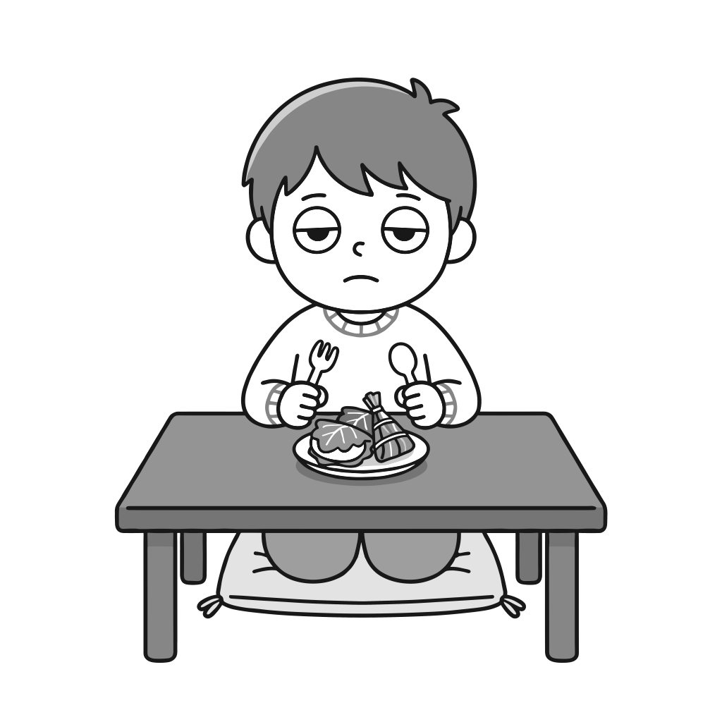 柏餅を前に困る男の子のイラスト（モノクロ）