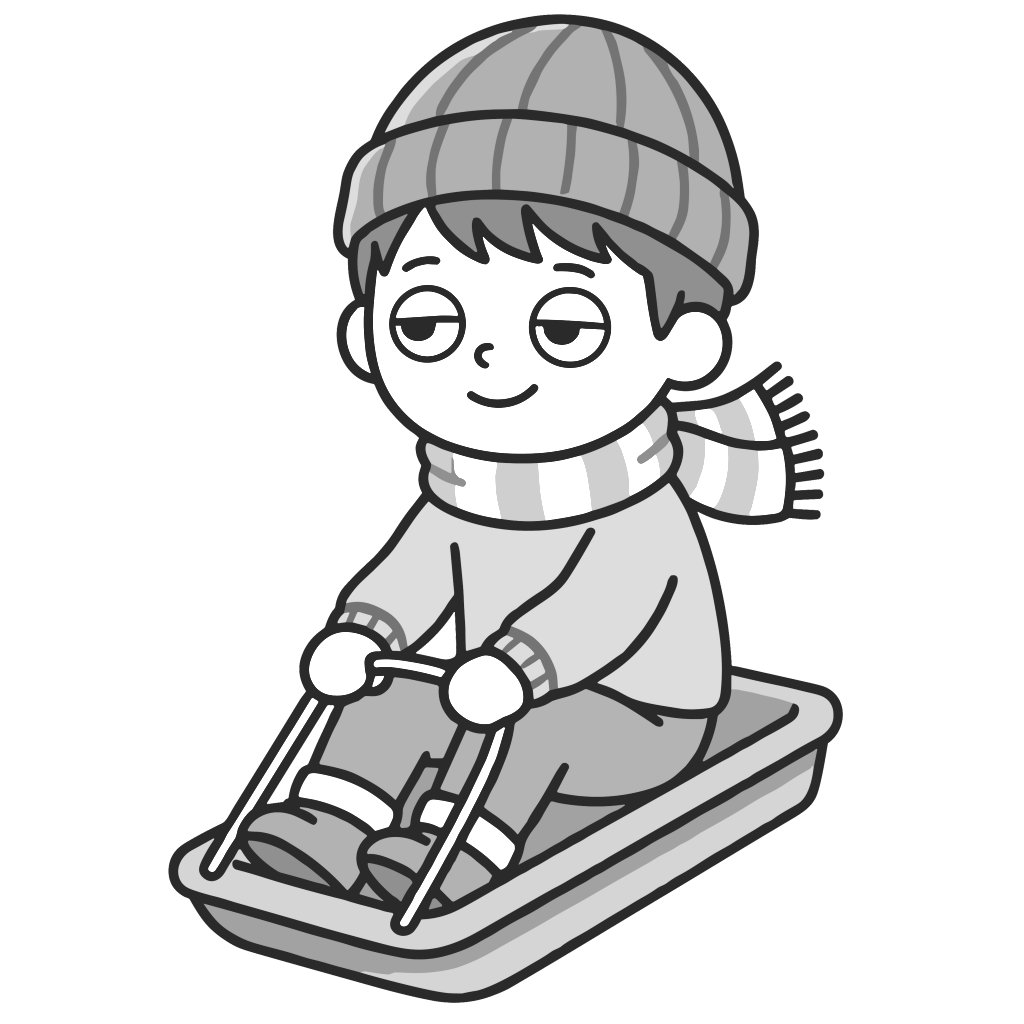 そり遊びをする男の子のイラスト（モノクロ）