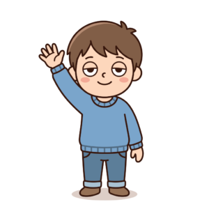 手を挙げてあいさつする元気な男の子のかわいいイラスト。背景透過PNG。