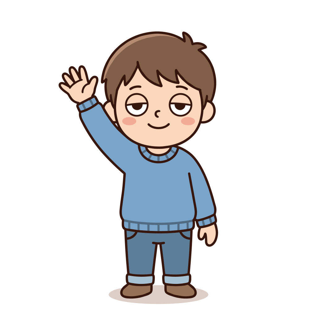 手を挙げてあいさつする元気な男の子のかわいいイラスト。背景透過PNG。