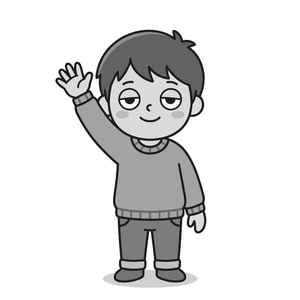 手を挙げてあいさつする元気な男の子のかわいいモノクロイラスト。背景透過PNG。