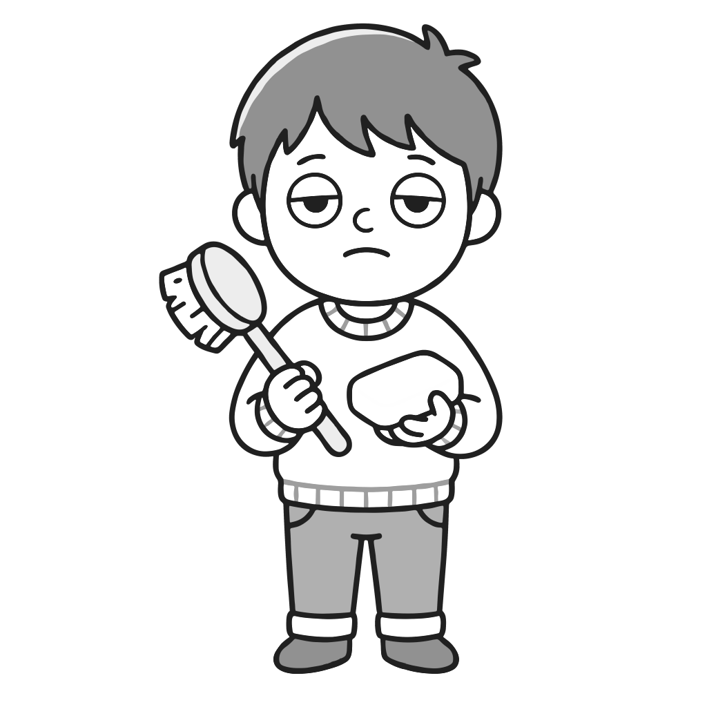 手洗い・ブラシと石鹸を持つ男の子のイラスト（モノクロ）