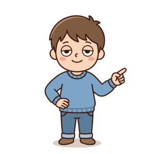 指差しをする男の子のかわいいイラスト。背景透過PNG。