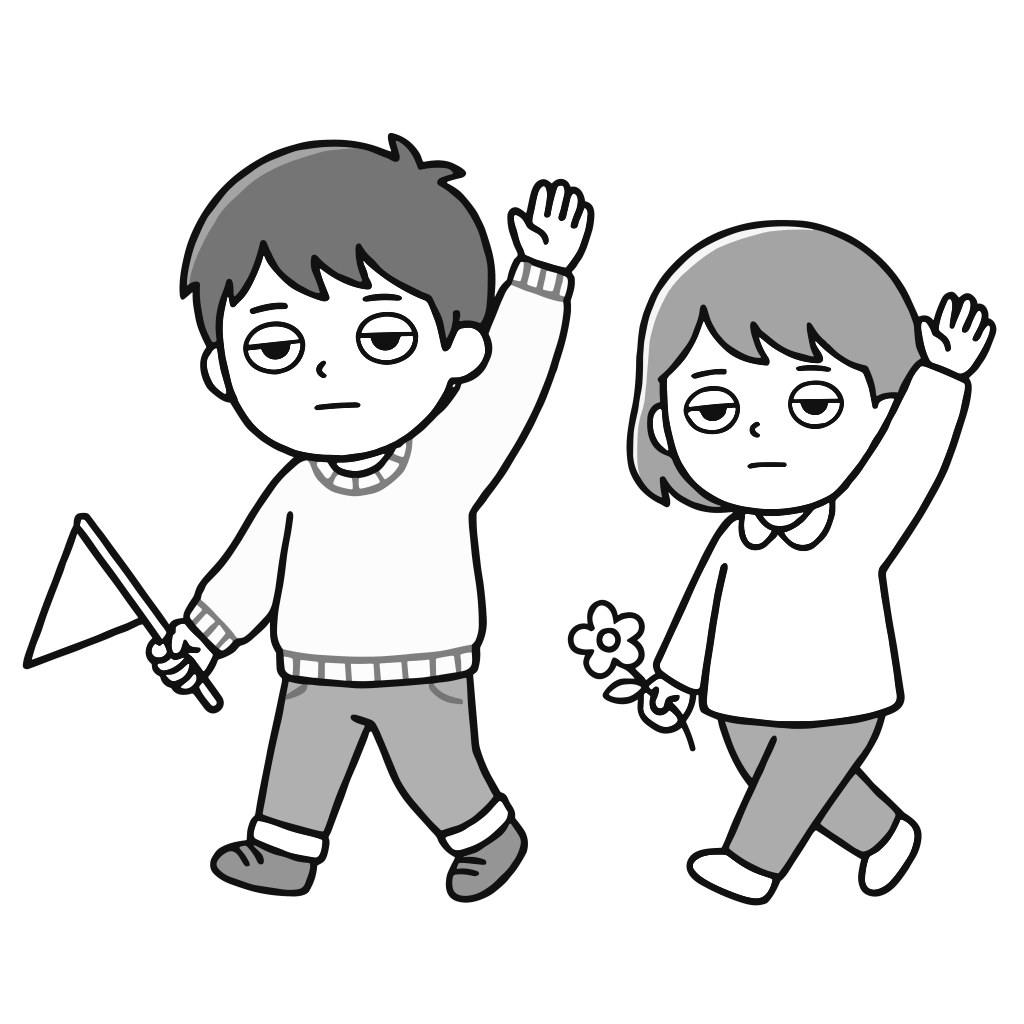 横断歩道を渡る兄妹のイラスト（モノクロ）
