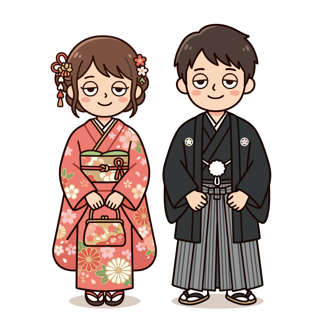 成人式・振袖と袴姿のイラスト（カラー）