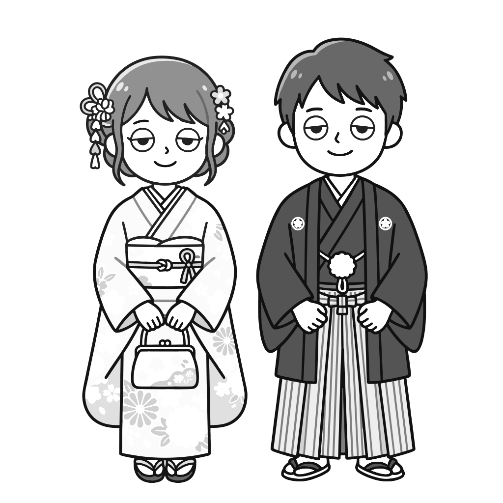 成人式・振袖と袴姿のイラスト（モノクロ）