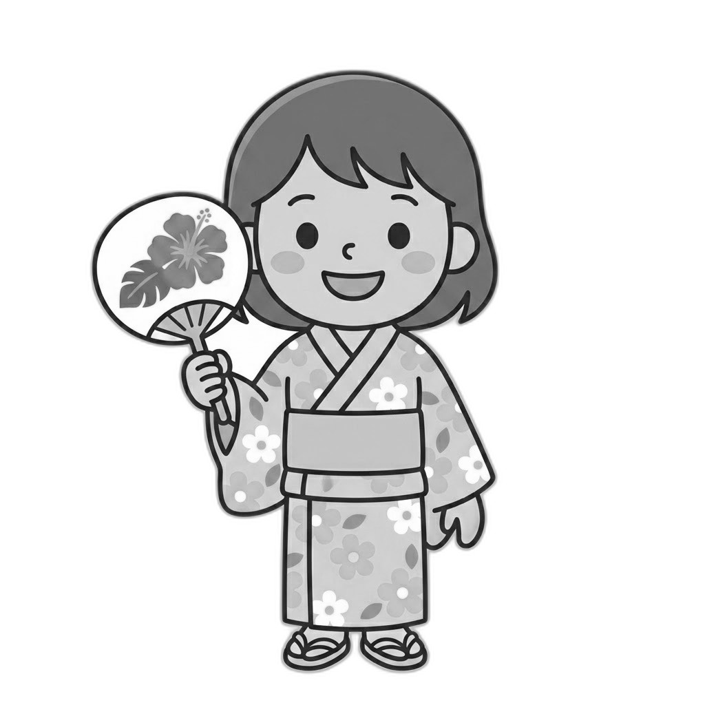 浴衣を着た女の子のイラスト（モノクロ）