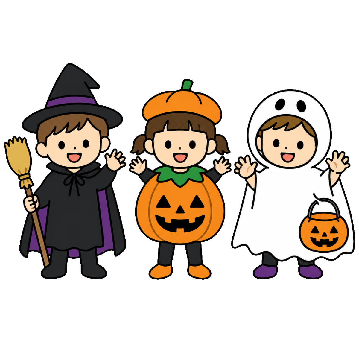 ハロウィンの仮装をする子どものかわいいシンプルイラスト(カラー)