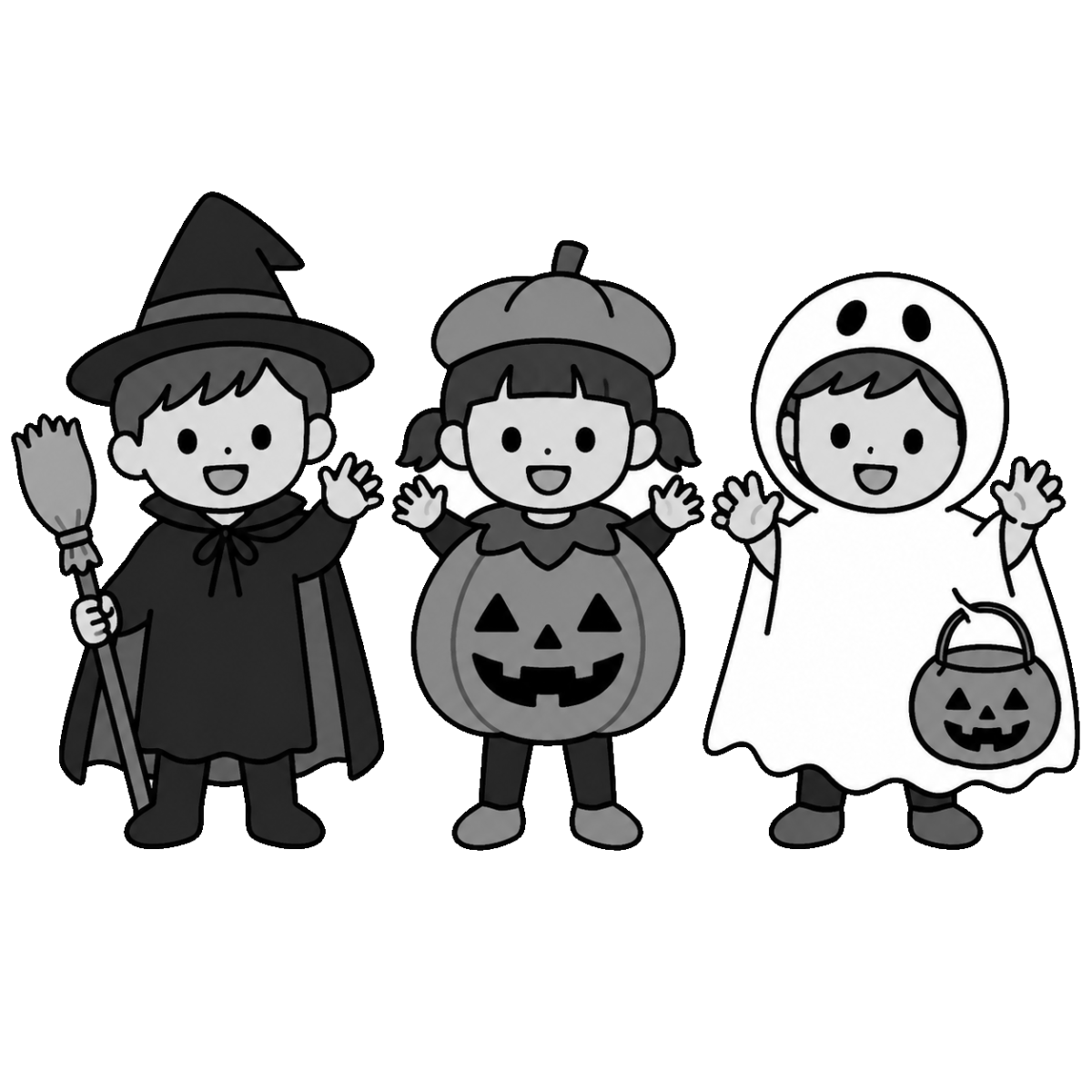 ハロウィンの仮装をする子どものかわいいシンプルイラスト(モノクロ)