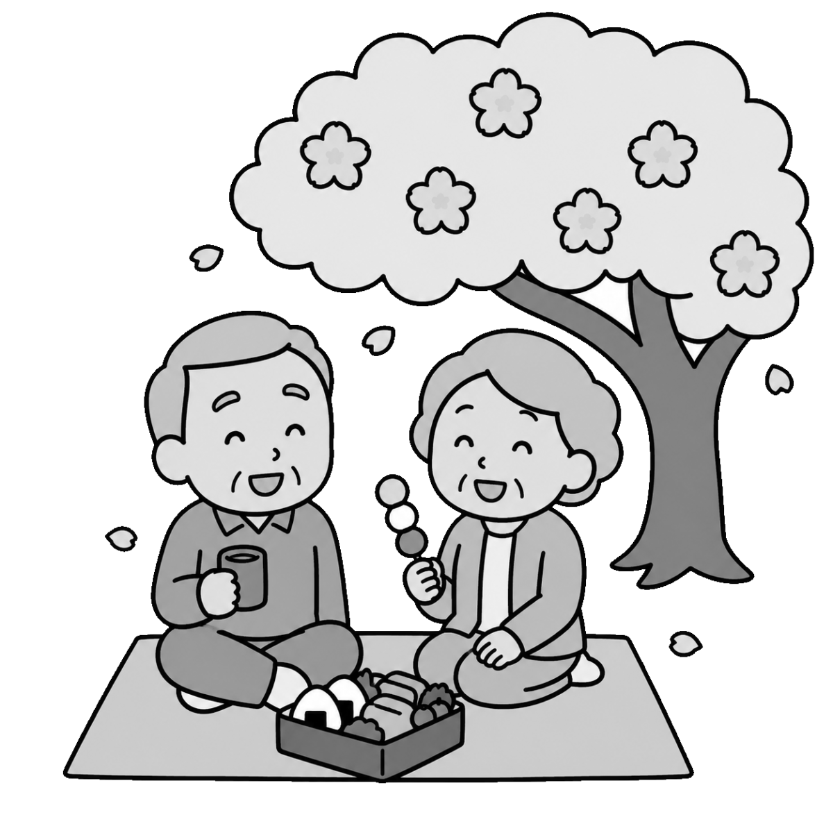お花見を楽しむお年寄りのかわいいシンプルイラスト（モノクロ）