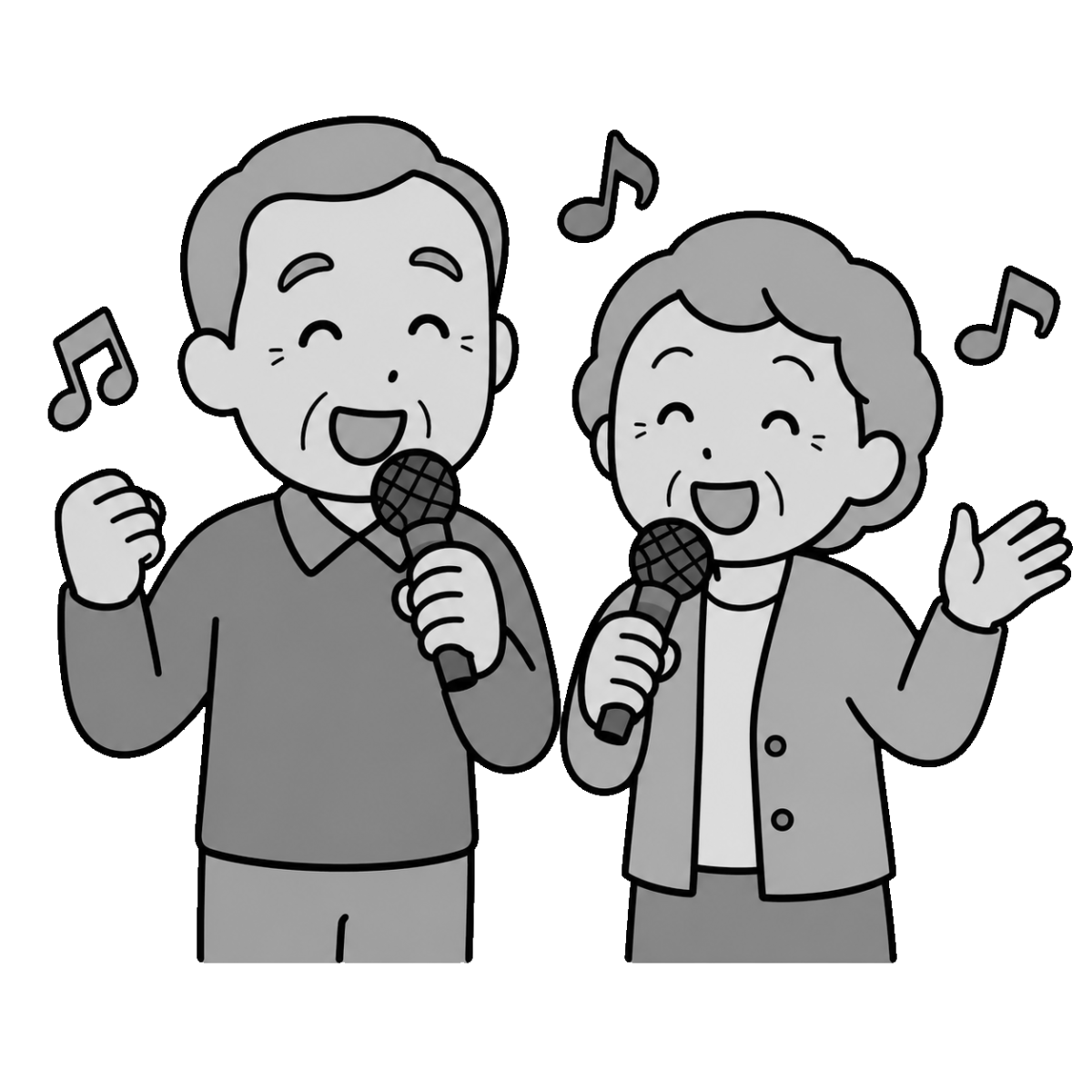 カラオケをするお年寄りのかわいいシンプルイラスト（モノクロ）