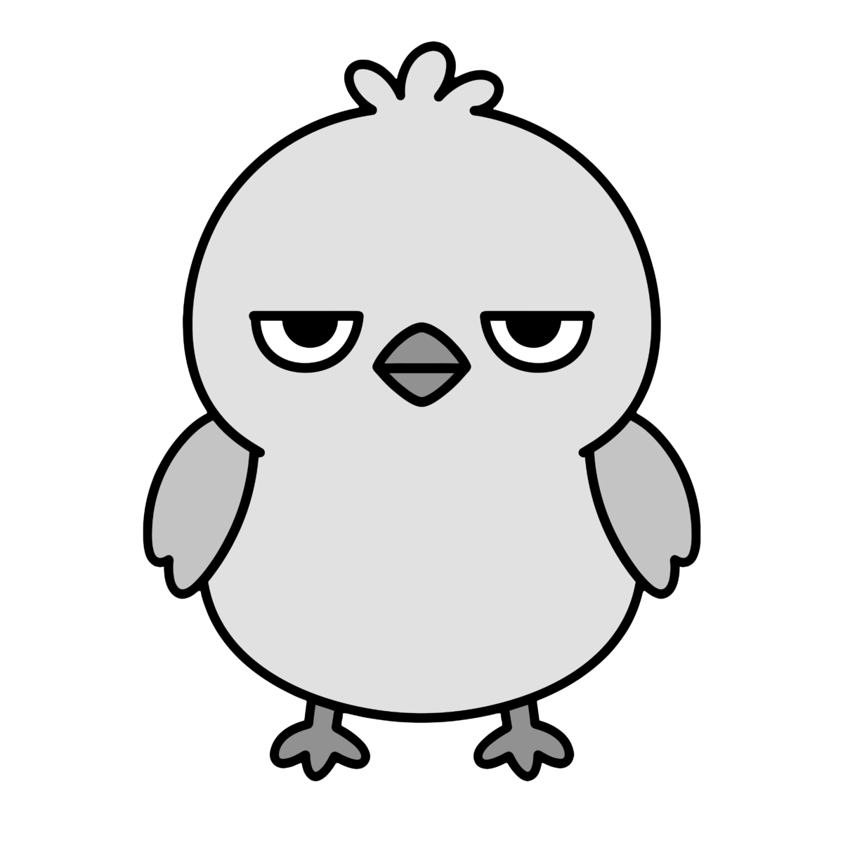 正面を向いたかわいいことりのイラスト（モノクロ）