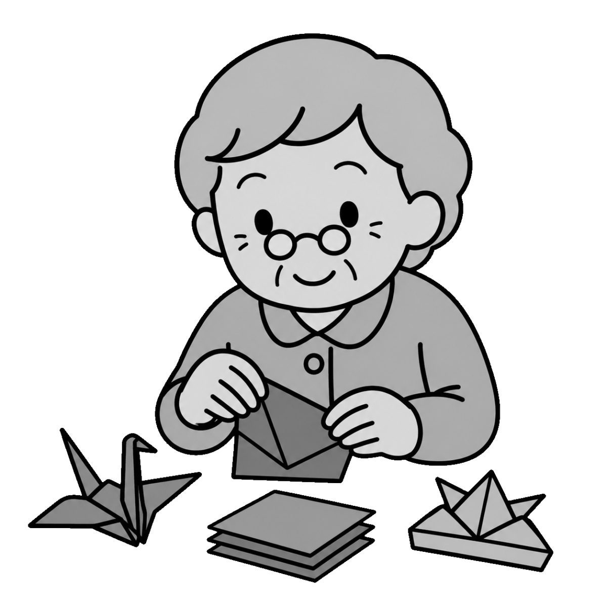 折り紙をするお年寄りのかわいいシンプルイラスト（モノクロ）