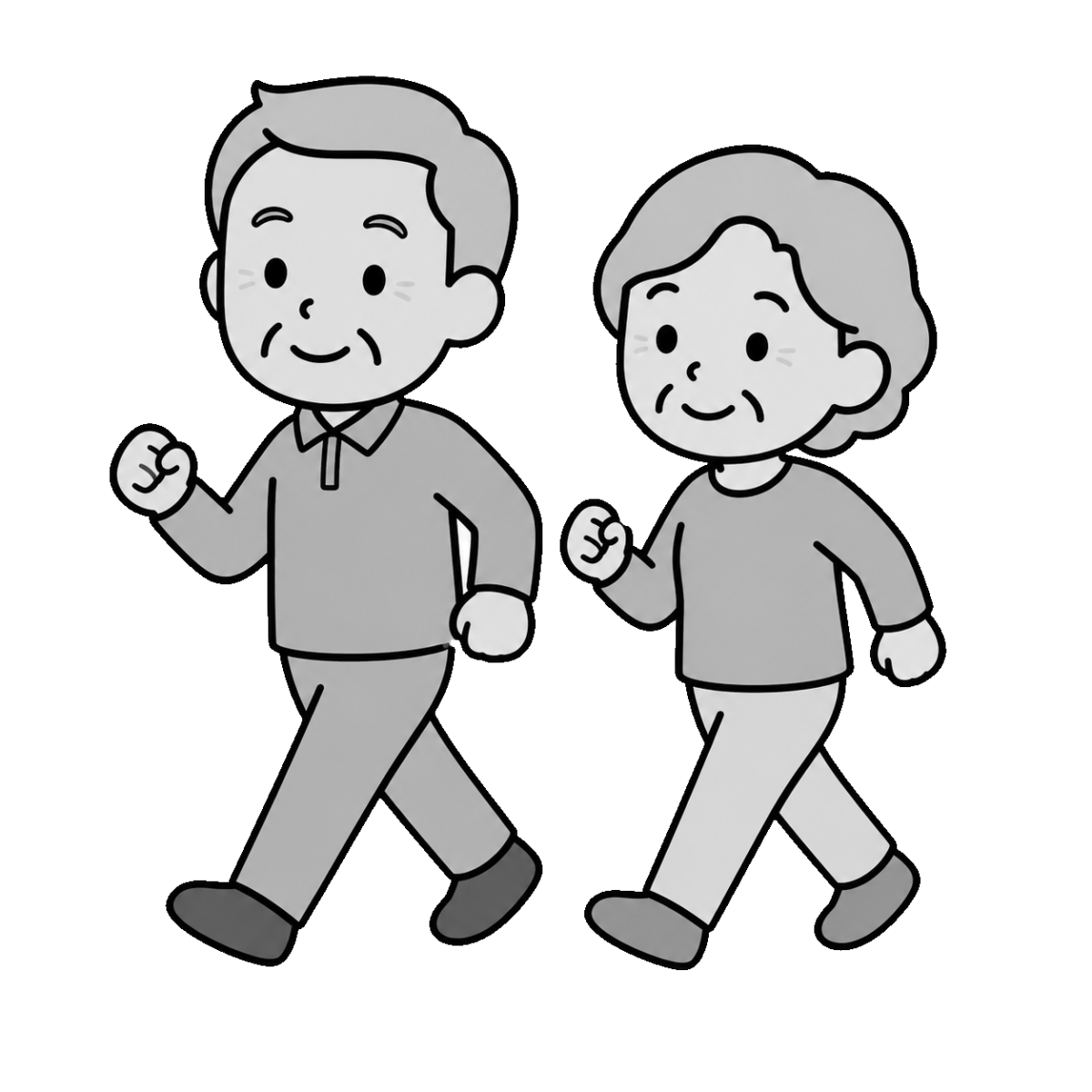 散歩するお年寄りのかわいいシンプルイラスト（モノクロ）