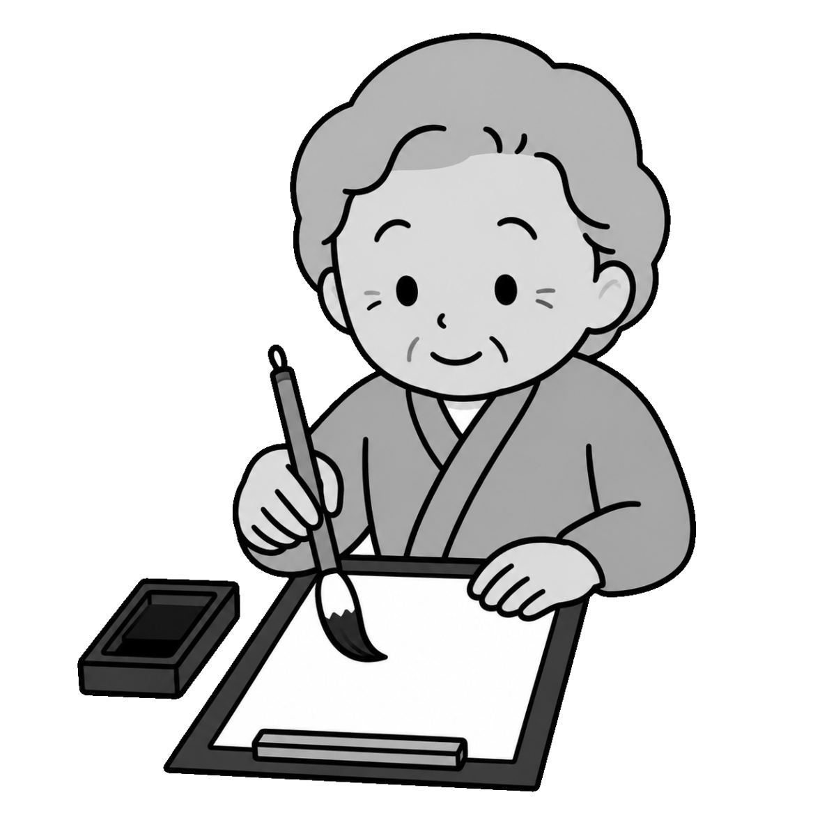 書道をするお年寄りのかわいいシンプルイラスト（モノクロ）