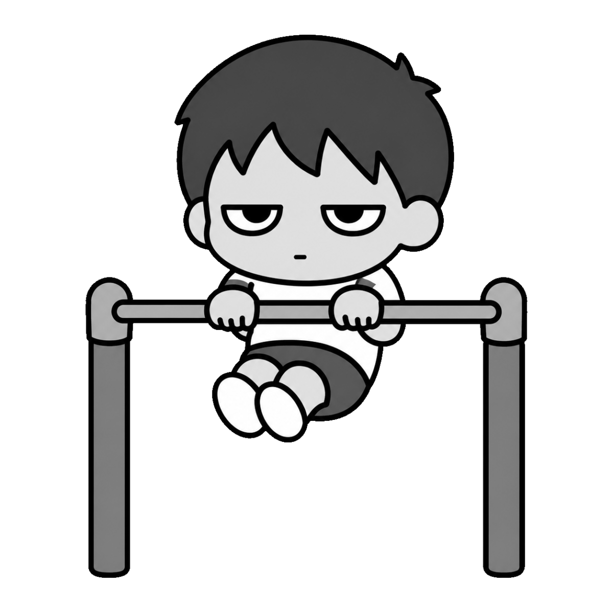 鉄棒をする子どものかわいいイラスト（モノクロ）