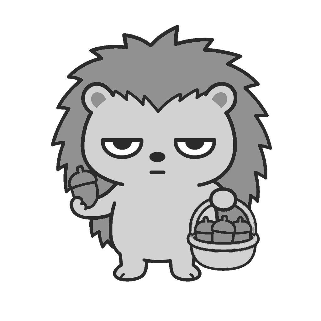 どんぐりを集めるハリネズミのイラスト(モノクロ)