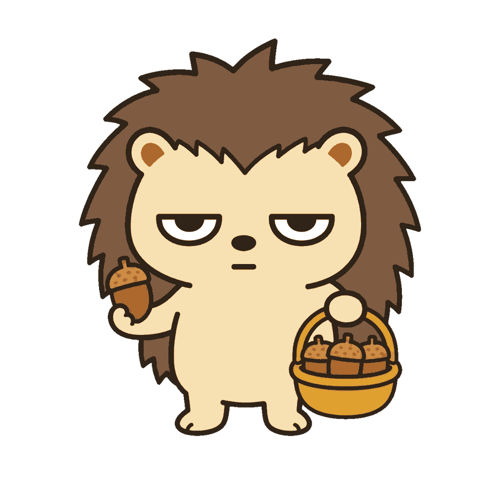 かごへどんぐりを集めるじとめのハリネズミのイラスト（カラー）