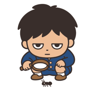 虫眼鏡でアリを観察するじとめの子どものイラスト（カラー）