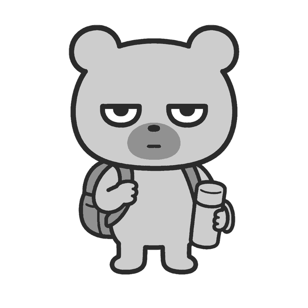 秋の遠足へ行くじとめのクマのイラスト(モノクロ)