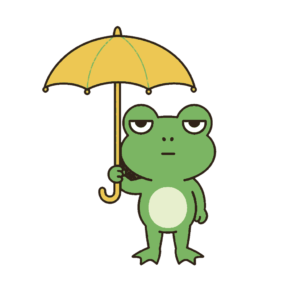 秋雨で傘をさすカエル