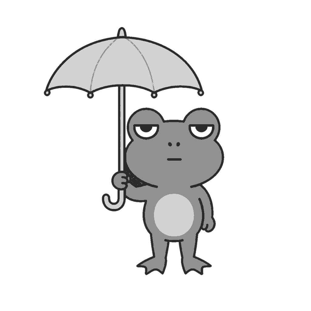 秋雨で傘をさすカエルのイラスト(モノクロ)
