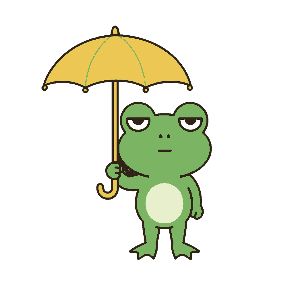 秋雨の中で黄色い傘をさすじとめの緑色のカエルのイラスト（カラー）