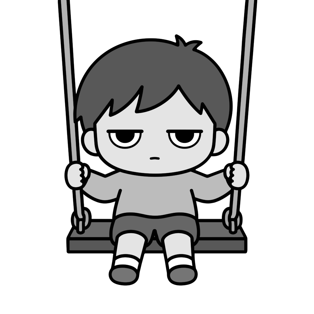 ブランコで遊ぶ子どものかわいいイラスト（モノクロ）