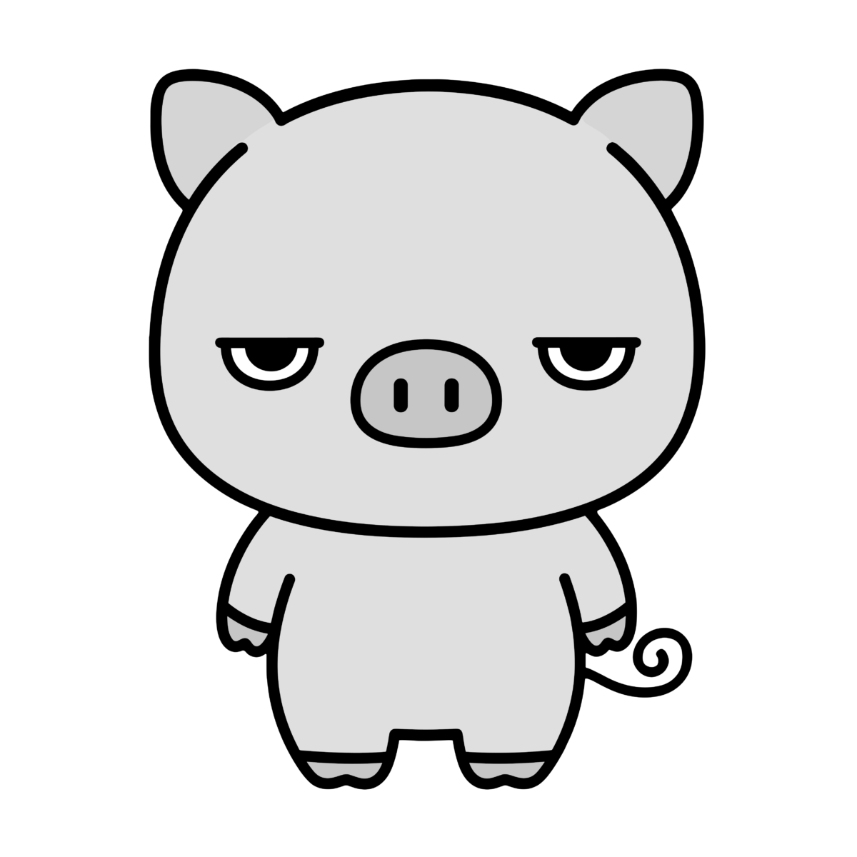 正面を向いたかわいいぶたのイラスト（モノクロ）