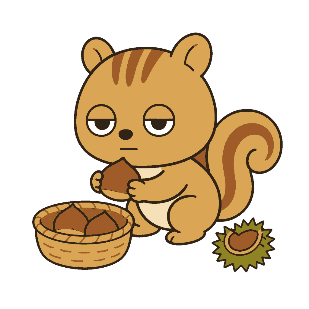 秋の栗拾いで栗をかごへ入れるじとめのリスのイラスト（カラー）