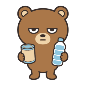 防災食の缶詰と水を持つじとめのクマのイラスト（カラー）
