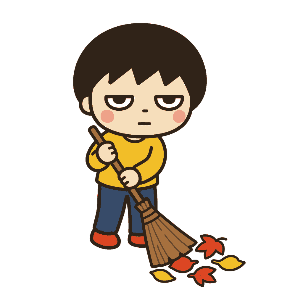 ほうきで赤や黄色の落ち葉を掃くじとめの子どものイラスト（カラー）