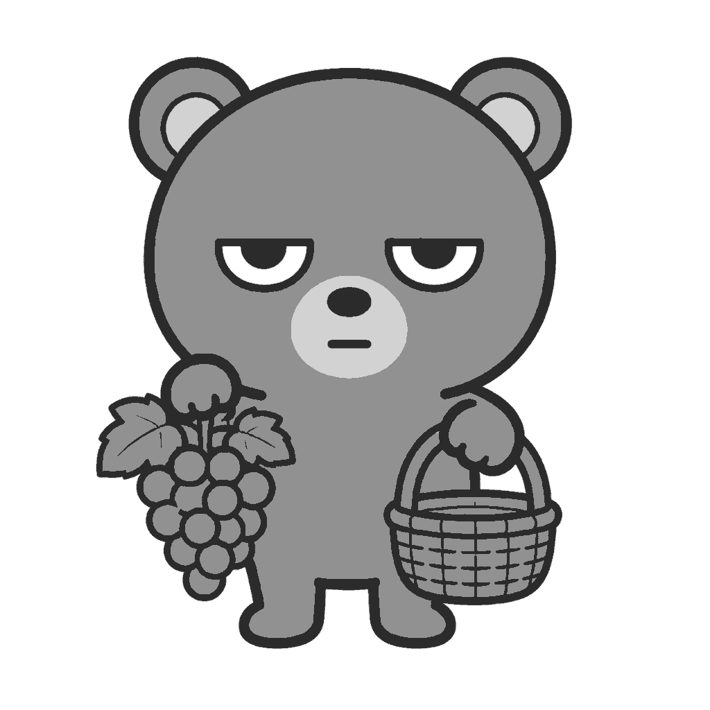ぶどう狩りをするクマのイラスト(モノクロ)
