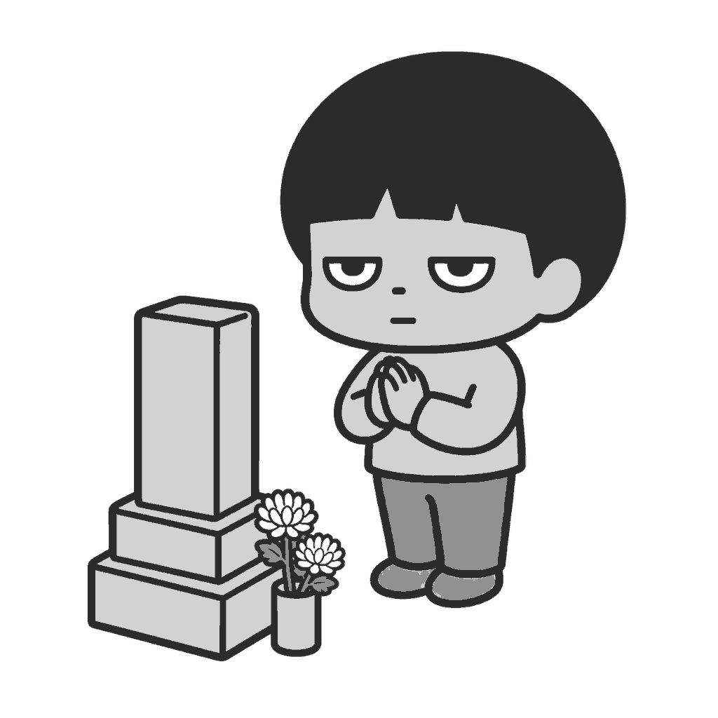 お墓参りで手を合わせる子どものイラスト（モノクロ）