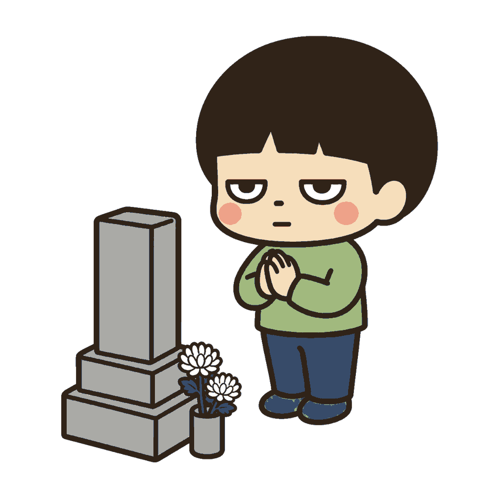 お彼岸のお墓参りで墓石の前に立ち両手を合わせるじとめの子どものイラスト（カラー）