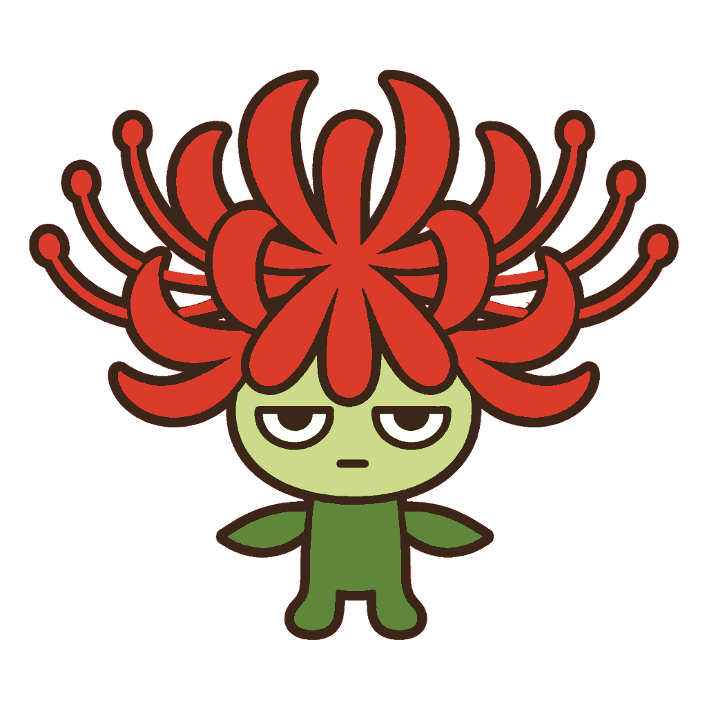 赤い花を頭にしたじとめの彼岸花キャラクターのイラスト（カラー）