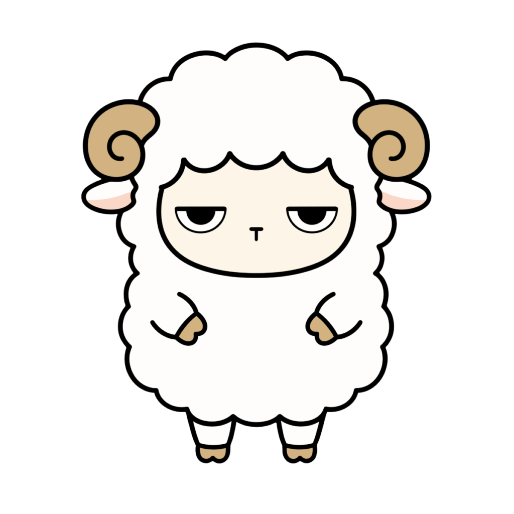 正面を向いたかわいいひつじのイラスト（カラー）